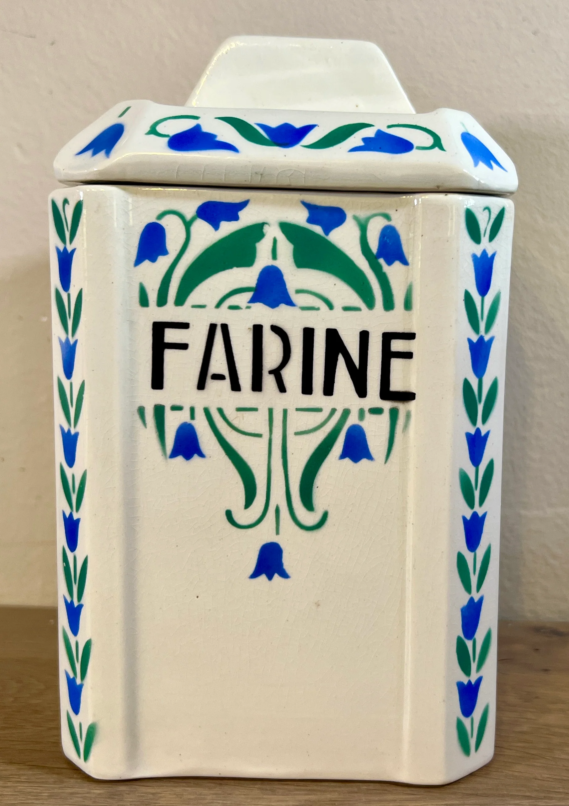 Voorraadpot – Nimy – décor in blauw en groen met bladeren en bloemetje – opschrift FARINE