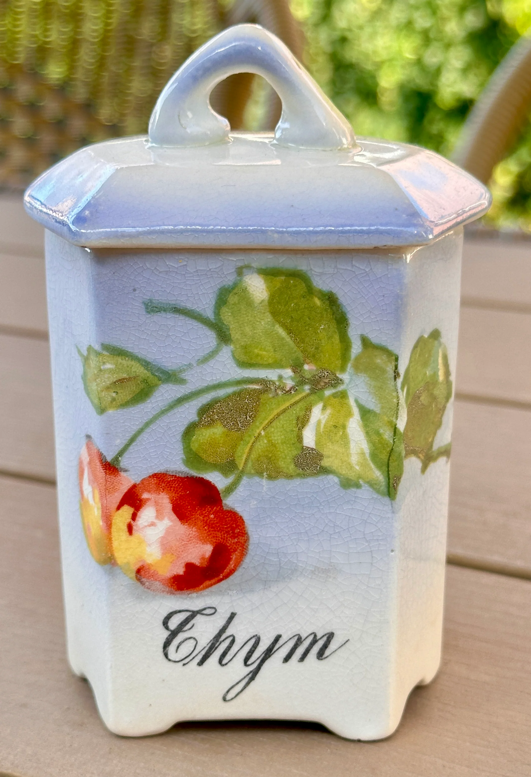 Voorraadpotje / Kruidenpotje – ongemerkt – décor in crème/lichtblauw met kersen – opschrift THYM in zwart