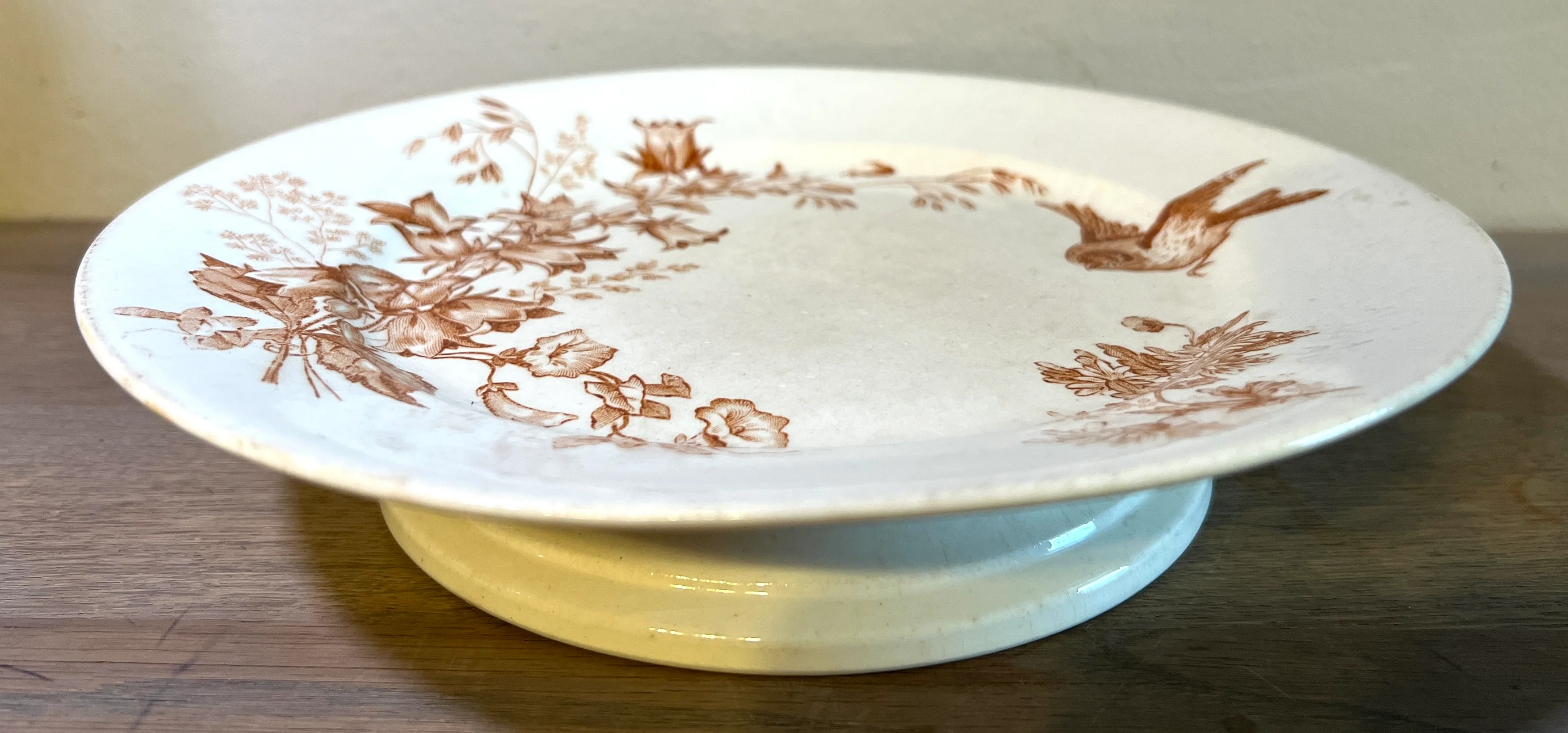 Tazza / Presenteerschaal – op lage voet – Longwy – decor BOTANIQUE uitgevoerd in bruin