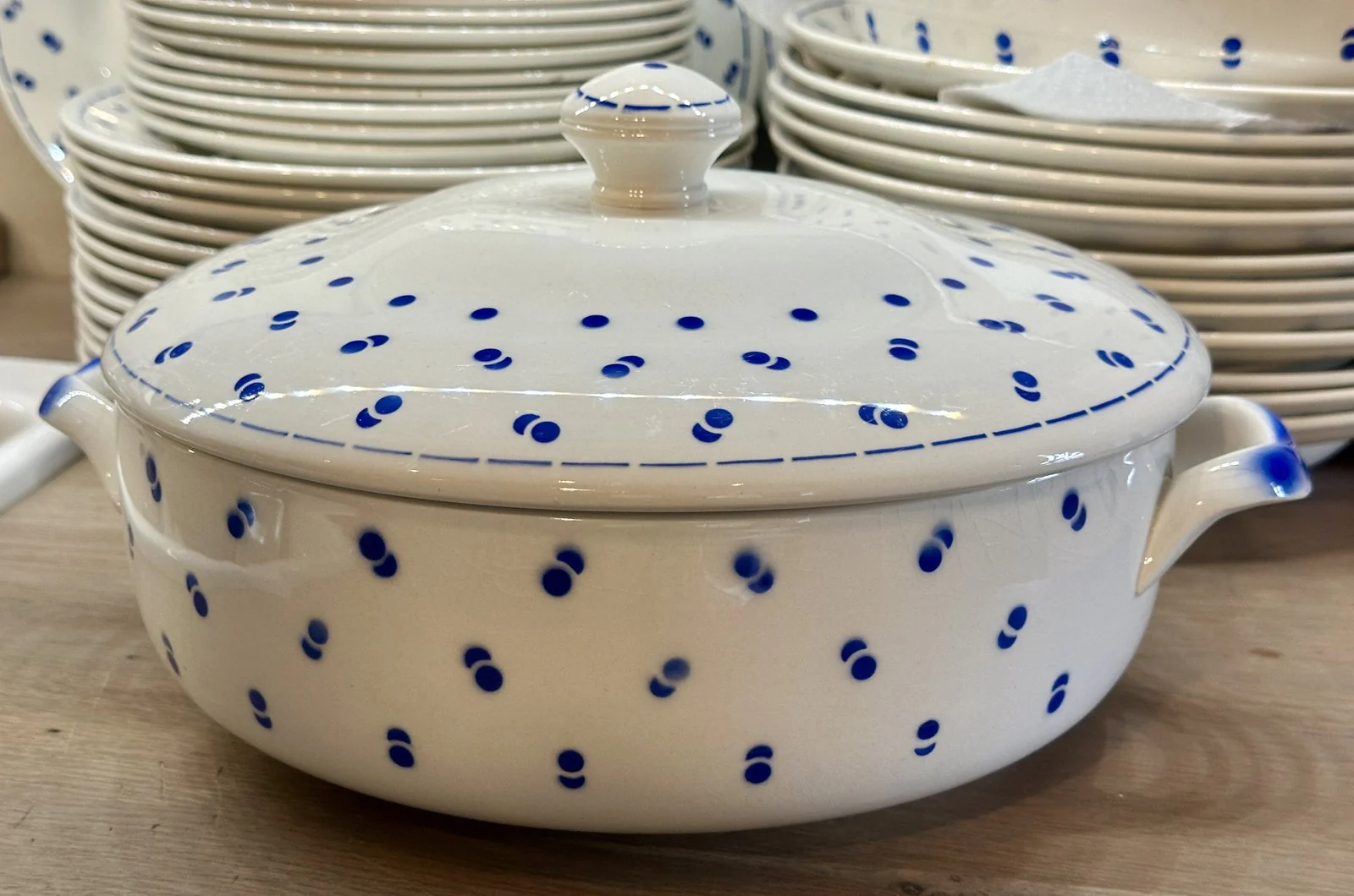 Terinne / Dekschaal – Boch – décor met dubbele bolletjes/dubbele stip/double pois uitgevoerd in blauw Terinne / Dekschaal – Boch – décor met dubbele bolletjes/dubbele stip/double pois uitgevoerd in blauw