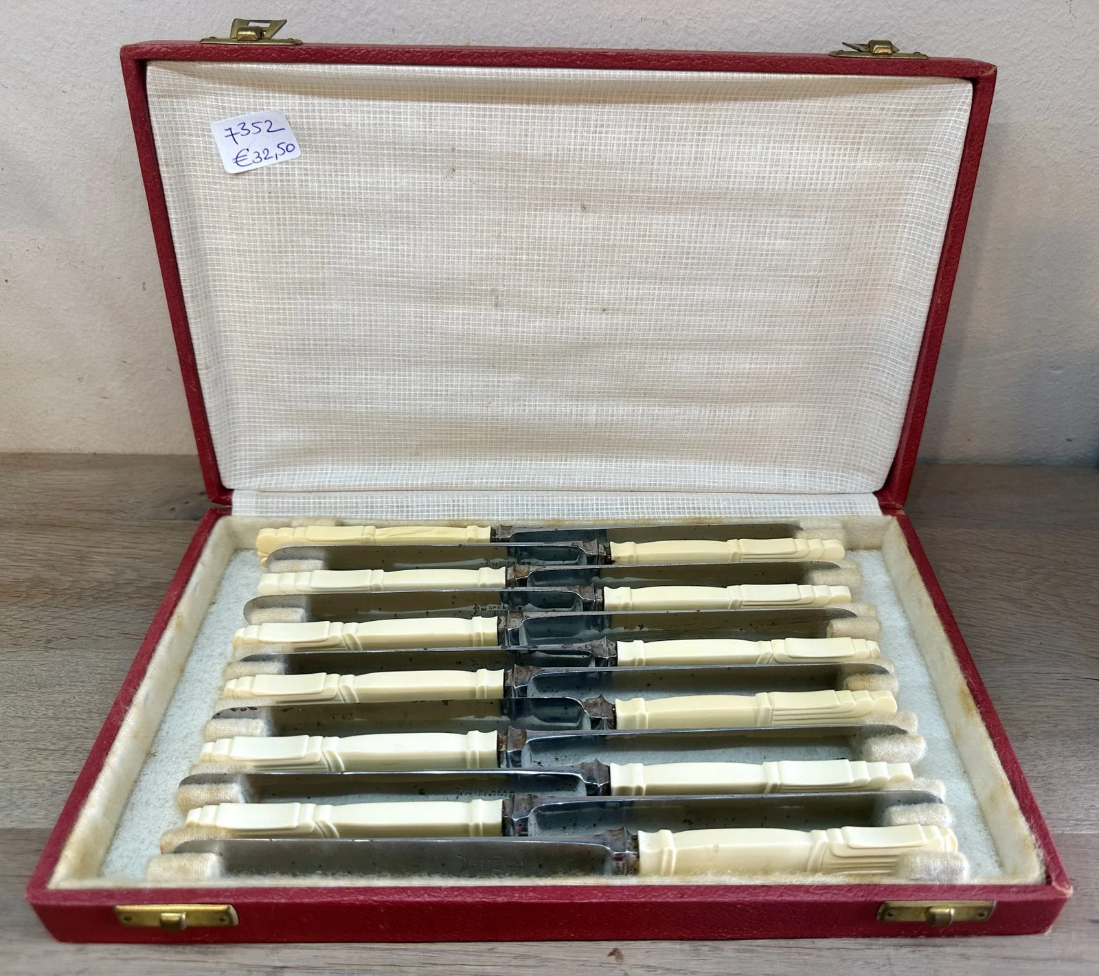 12x Mes in rode doos – Spencer Sheffield – ivoorkleurige handgreep