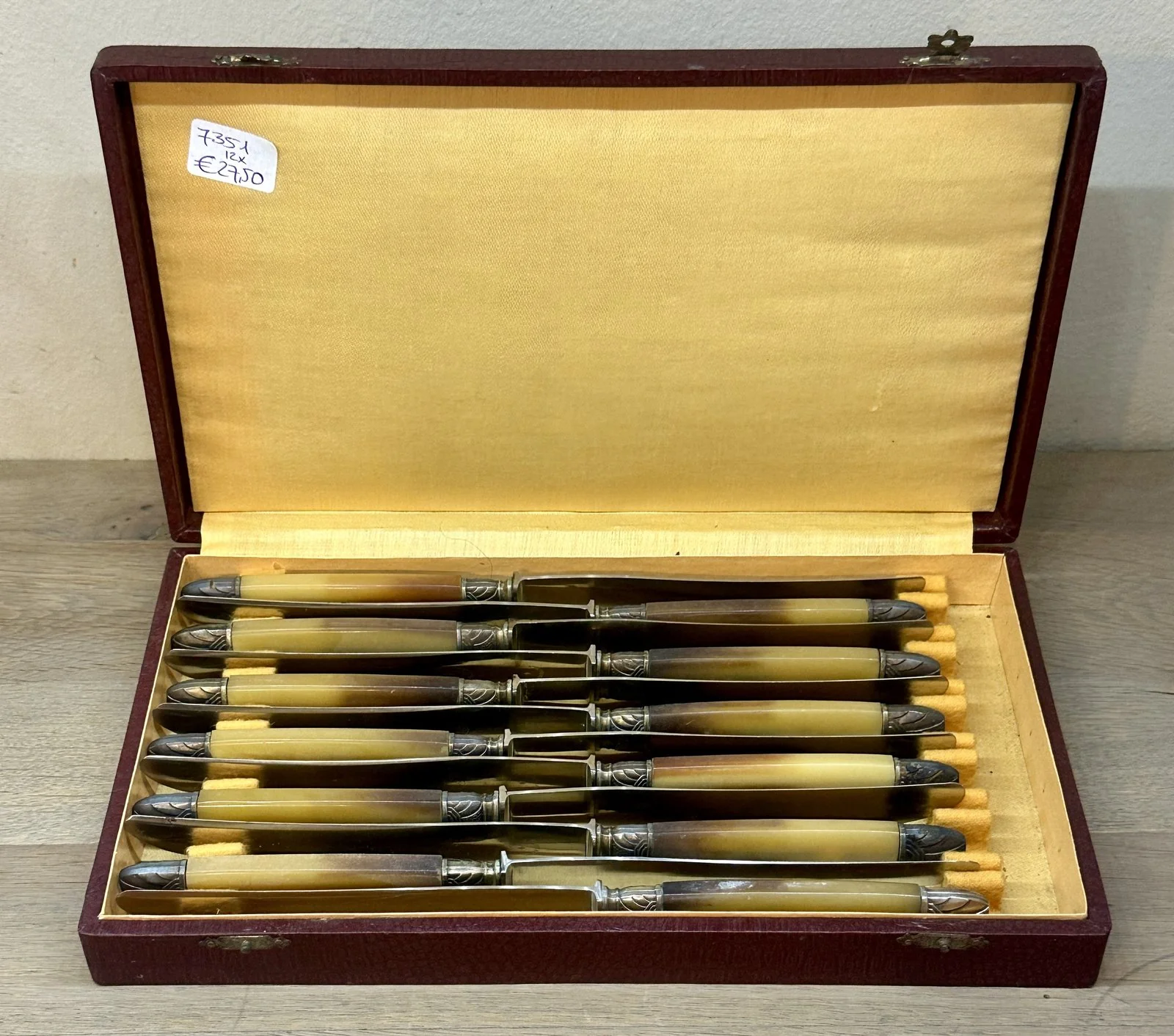 12x Mes in doos – Antirouille Dèposé Inoxidable – heft van been met verzilverd uiteinde