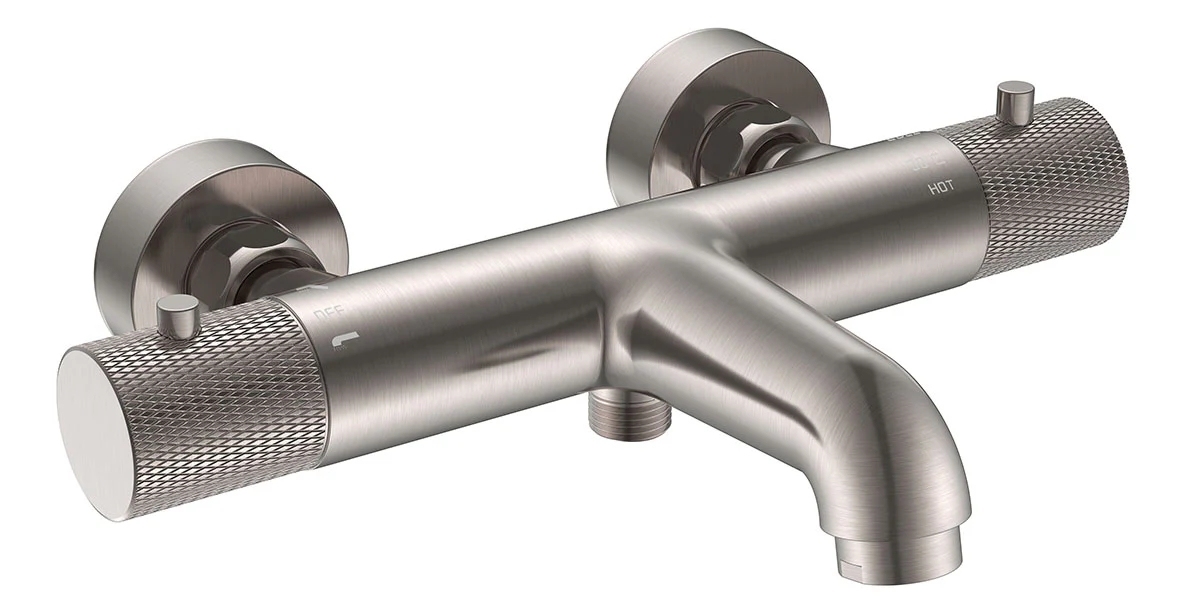 Ribbd thermostatische badmengkraan hartafstand 15 cm geborsteld staal PVD