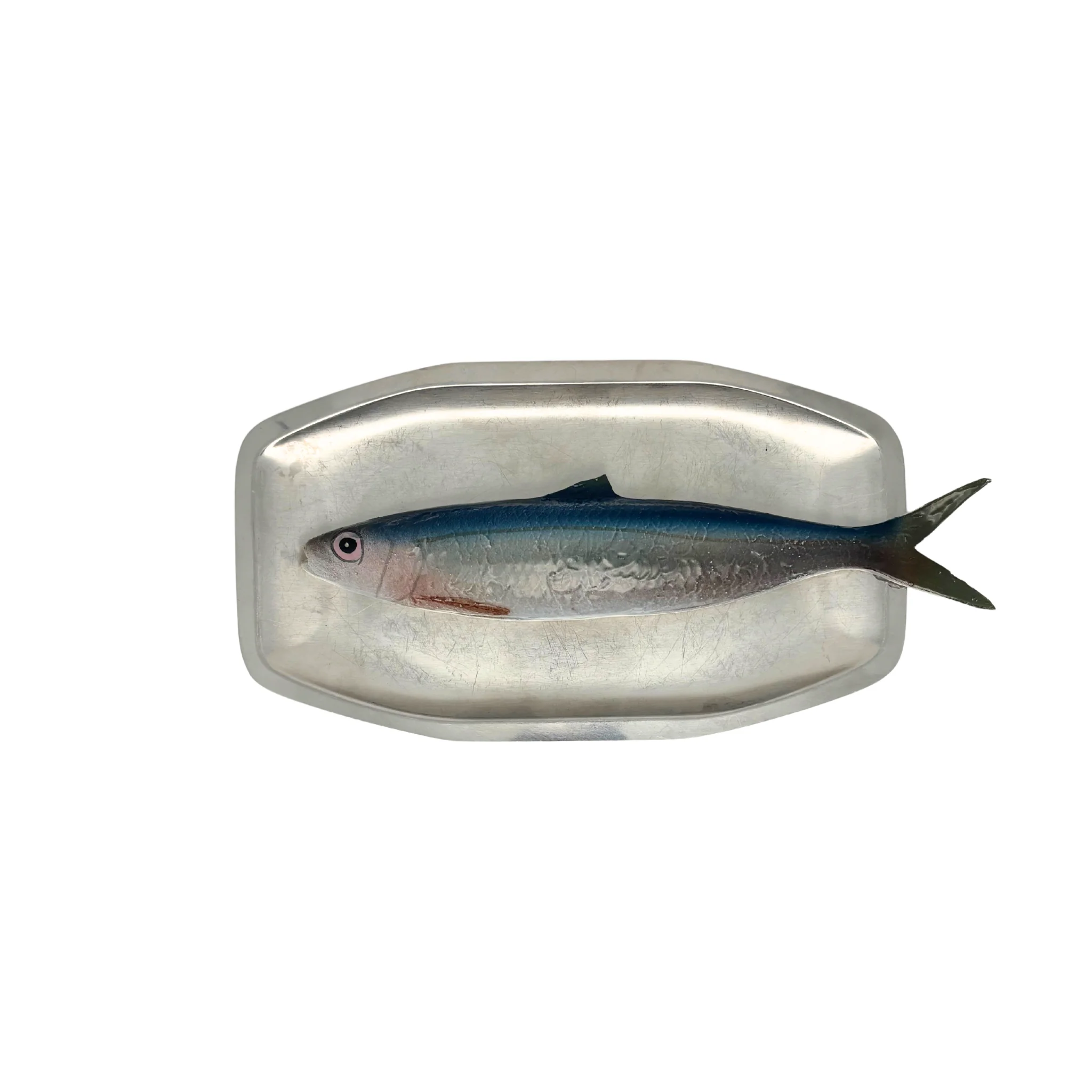 Alaccia/Haring op vintage roestvrij staal langwerpig bord, 23X13cm