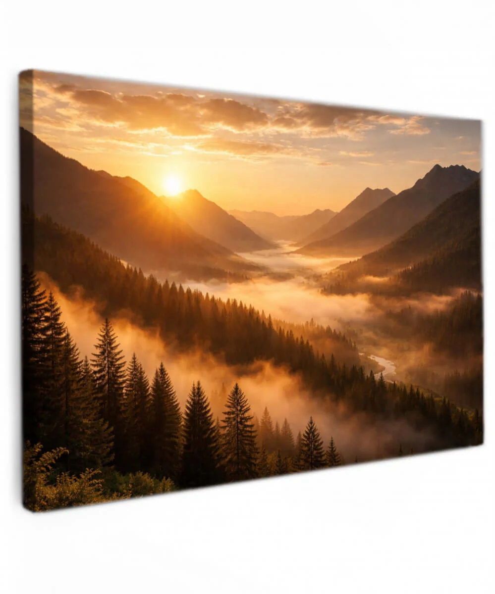 Canvas Schilderij Zonsondergang Mistige Bergen Bosvallei Canvas Schilderij Zonsondergang Mistige Bergen Bosvallei