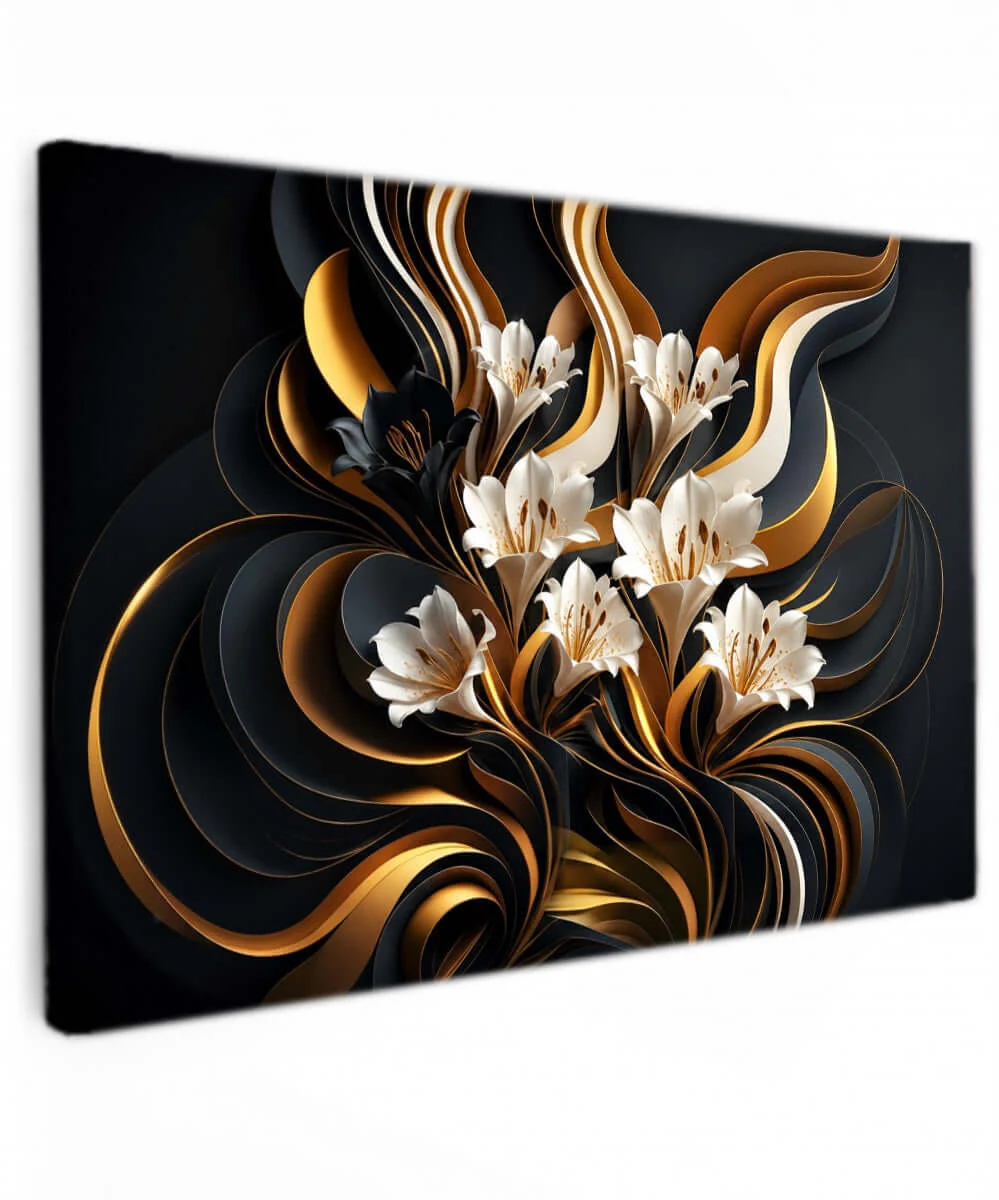 Canvas Schilderij abstracte bloemen – Gold & Black Elegance