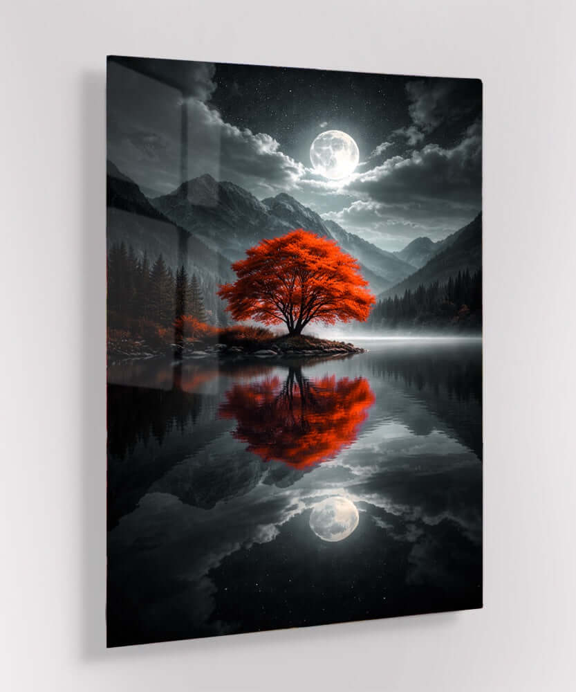 Glas Schilderij Rode Boom Volle Maan Glas Schilderij Rode Boom Volle Maan