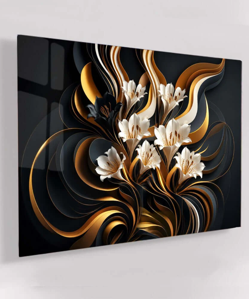 Glas Schilderij abstracte bloemen – Gold & Black Elegance