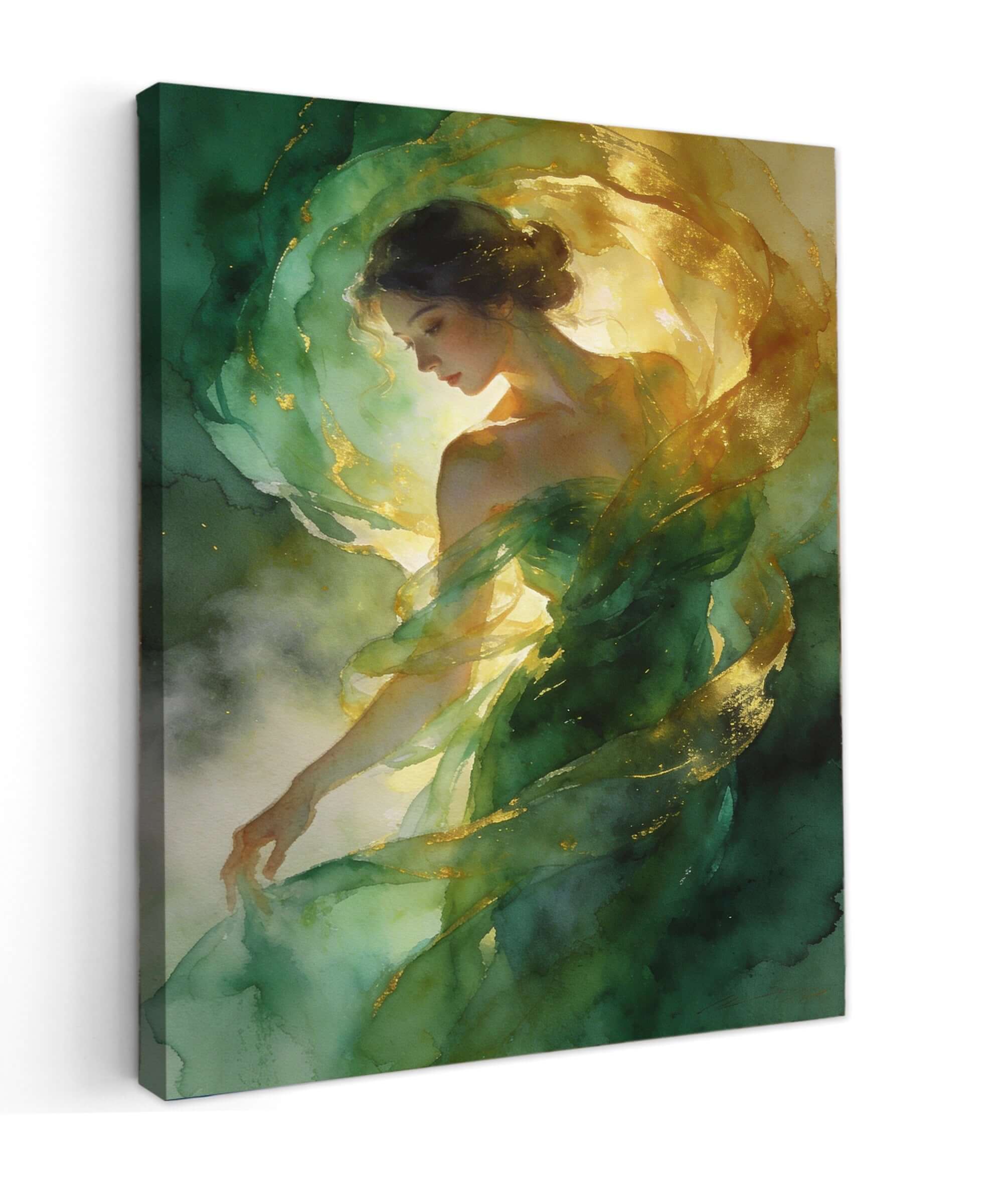 Canvas Schilderij Ethereal Groene Gouden Vrouw Portret Canvas Schilderij Ethereal Groene Gouden Vrouw Portret