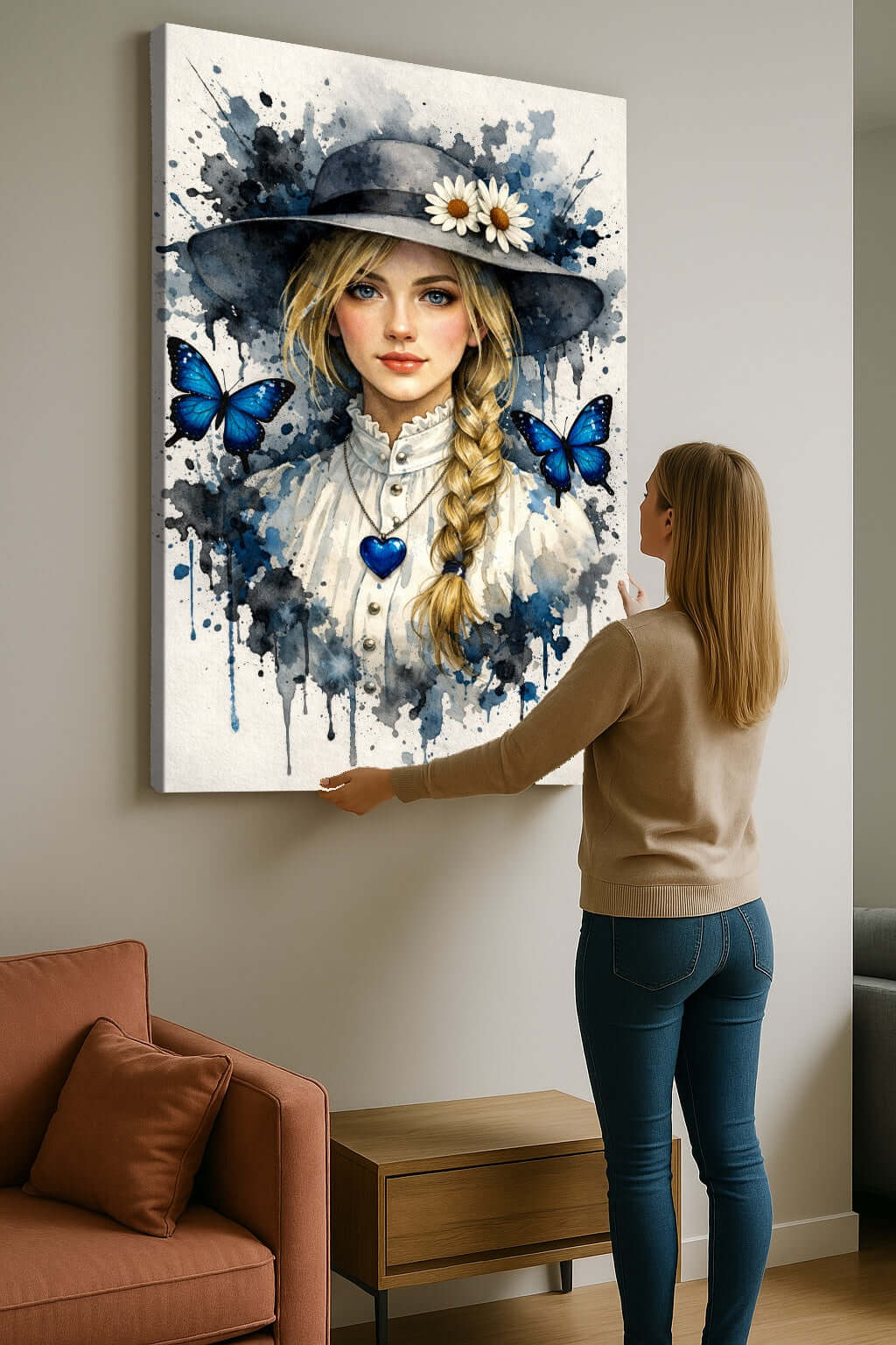 Canvas Schilderij Watercolor Portret Vrouw Hoed Butterflies - Afbeelding 3