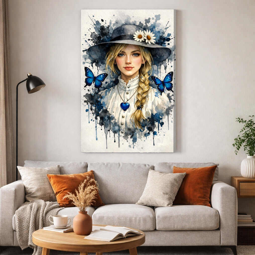 Canvas Schilderij Watercolor Portret Vrouw Hoed Butterflies - Afbeelding 2