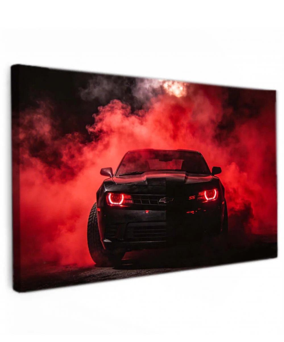 Canvas Schilderij Zwarte Chevrolet Camaro Rode Rook Canvas Schilderij Zwarte Chevrolet Camaro Rode Rook