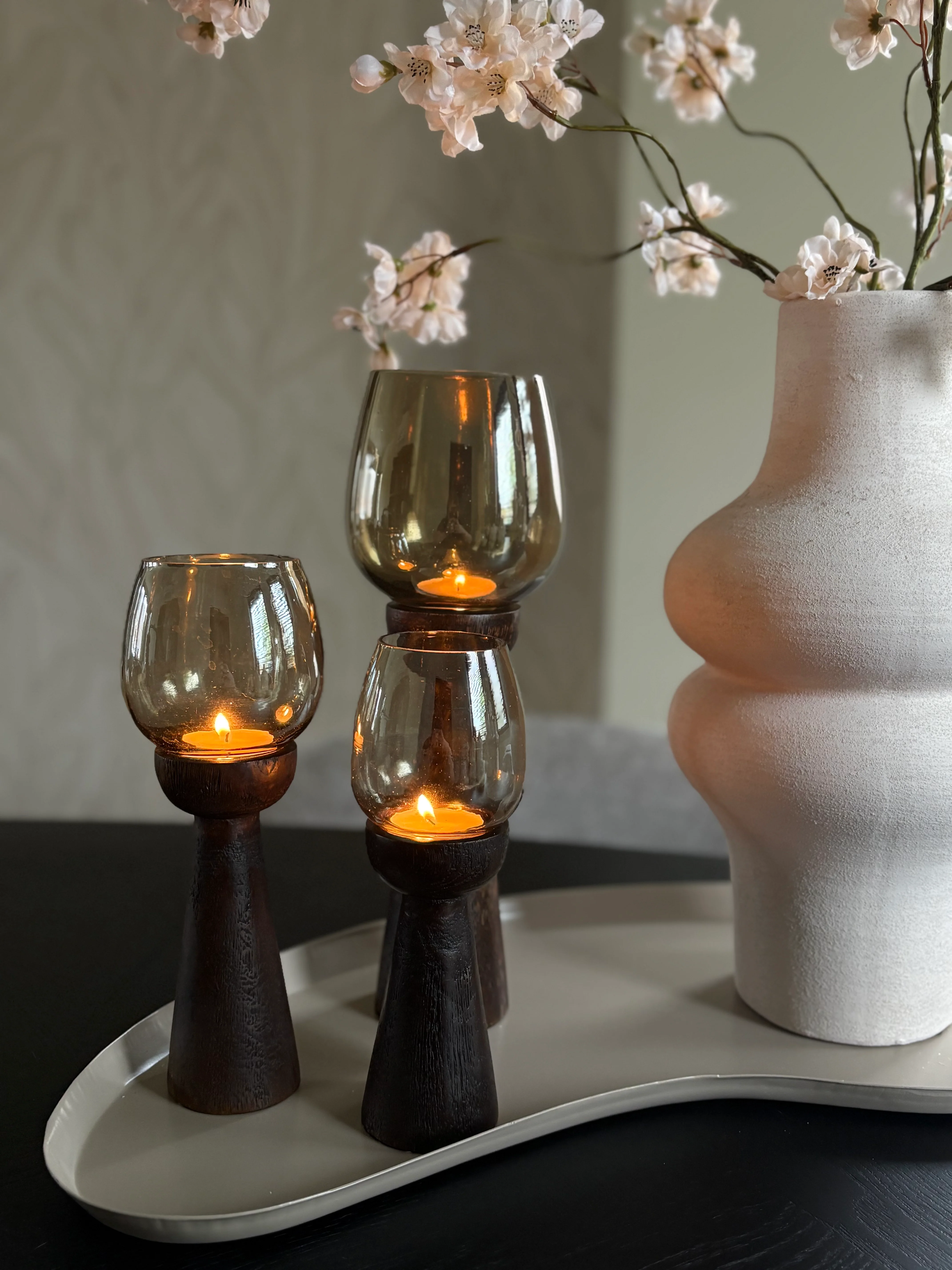 Kandelaar mango hout | Maat S | Gold luster glas | 20cm | Japandi