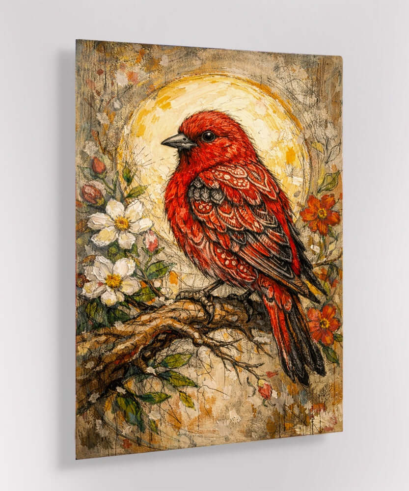 Glas Schilderij Rode Vogel met Bloemen Glas Schilderij Rode Vogel met Bloemen