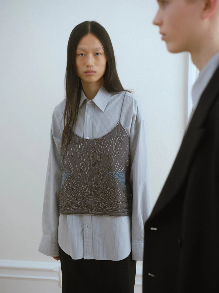 layering piece Layer Top embellished grey crepe
