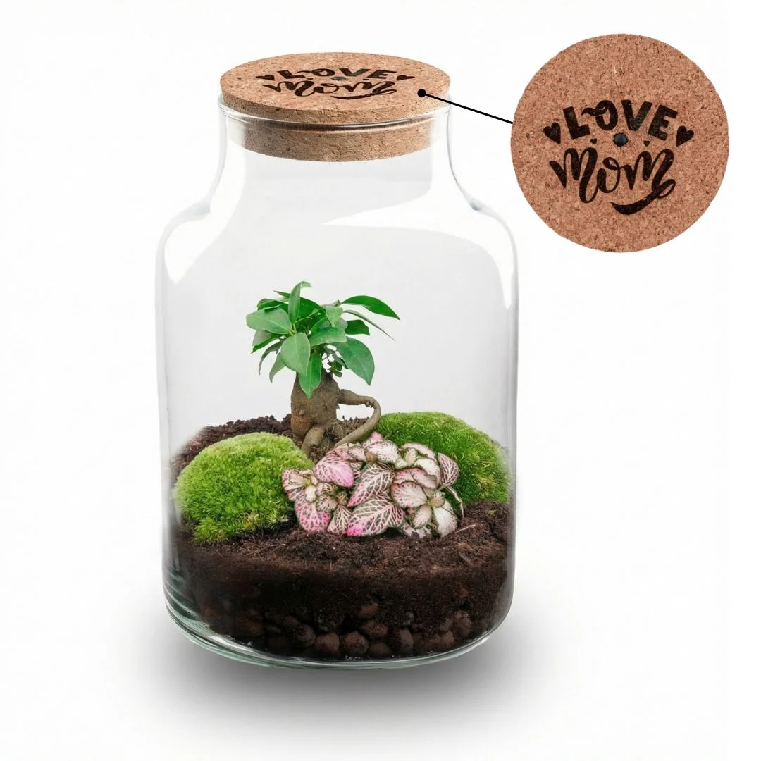 ‘LOVE MOM’ terrarium Little Milky + gegraveerde kurk met licht – Flessentuin – DIY kit – Ø 17 cm ↑ 25 cm – Moederdag