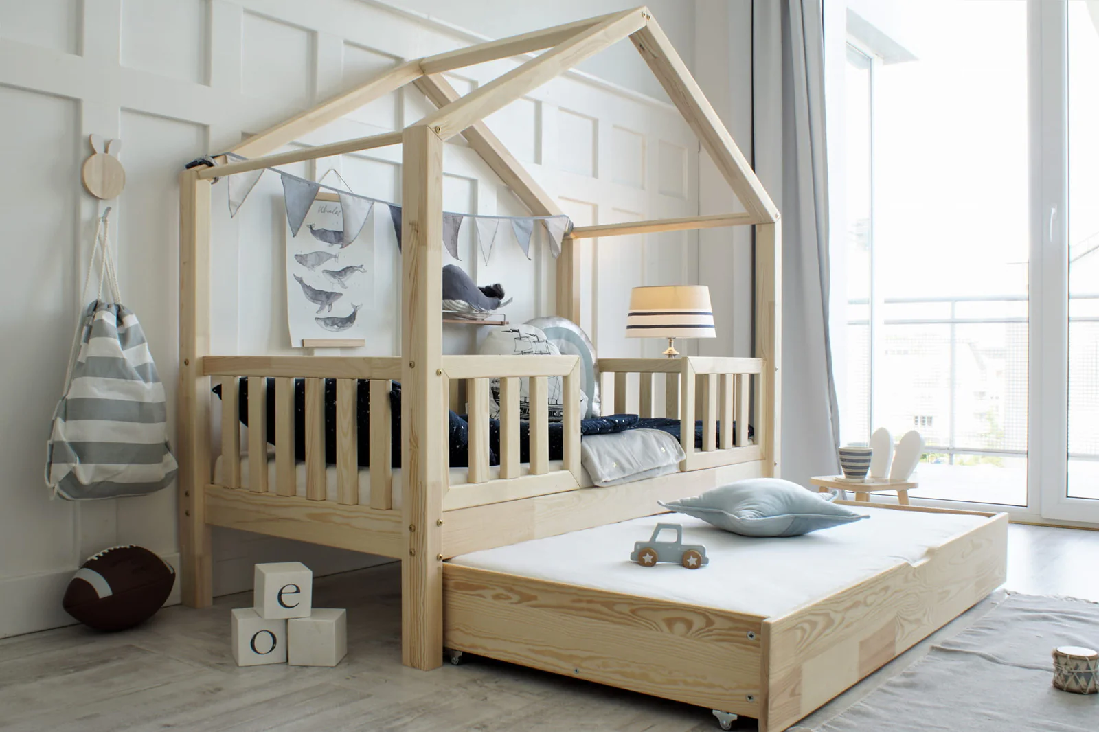 Woonhero bedhuis – Halvik – Naturel – Eenpersoonsbed 90×190 cm – Kinderbed + Lade met extra slaapplek