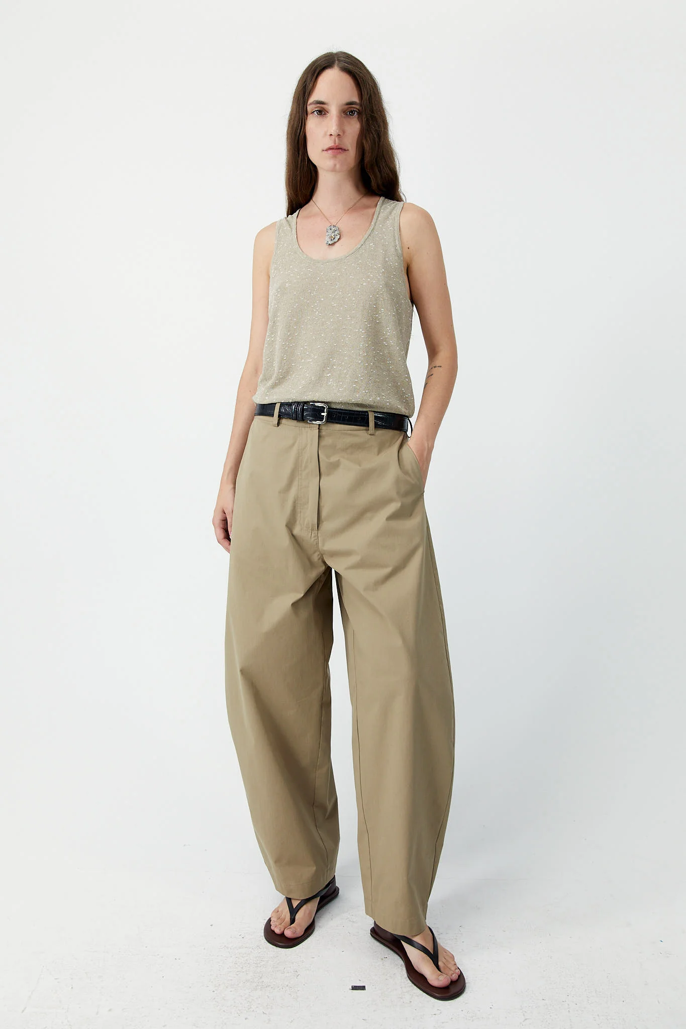 COTTON CURVED PANTS Camel