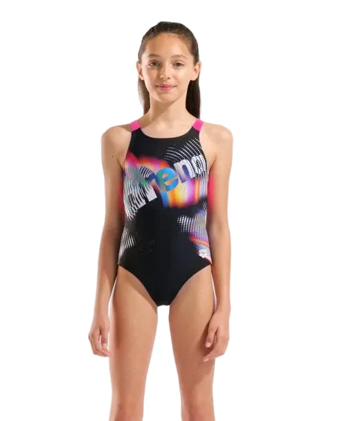 Arena Meisjes Lit Logo Swimsuit V Back L black/shocking-pink (Kinderen)