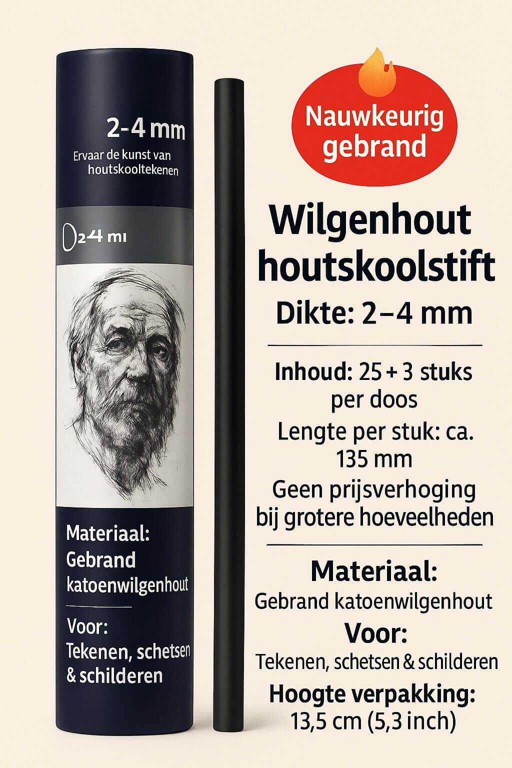 Houtskoolstiften van gebrand wilgenhout