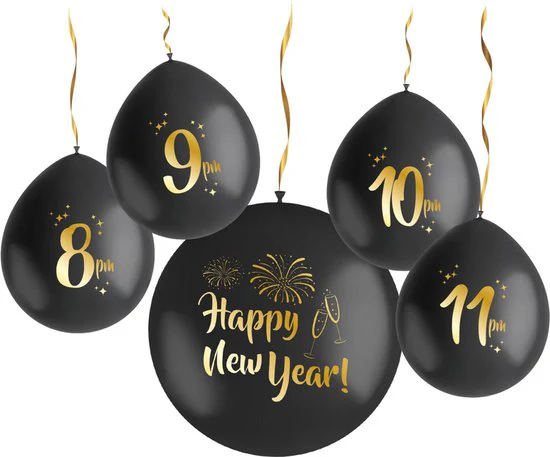 Folat – Set countdown ballonnen – BlackGold HNY 33 cm en 61 cm – 5 stuks